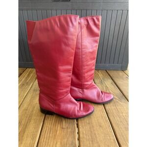 Vintage JC Penny Red Leather Mid Calf 80s Retro Flat Tall Boho Slouchy Boots 8W
